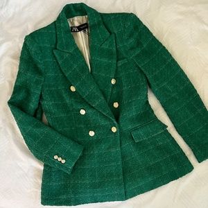 Zara Textured Double Breasted Blazer Green